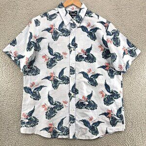 Chaps Shirt Mens Extra Large Blue Fern Floral Linen Blend Short Sleeve Button Up